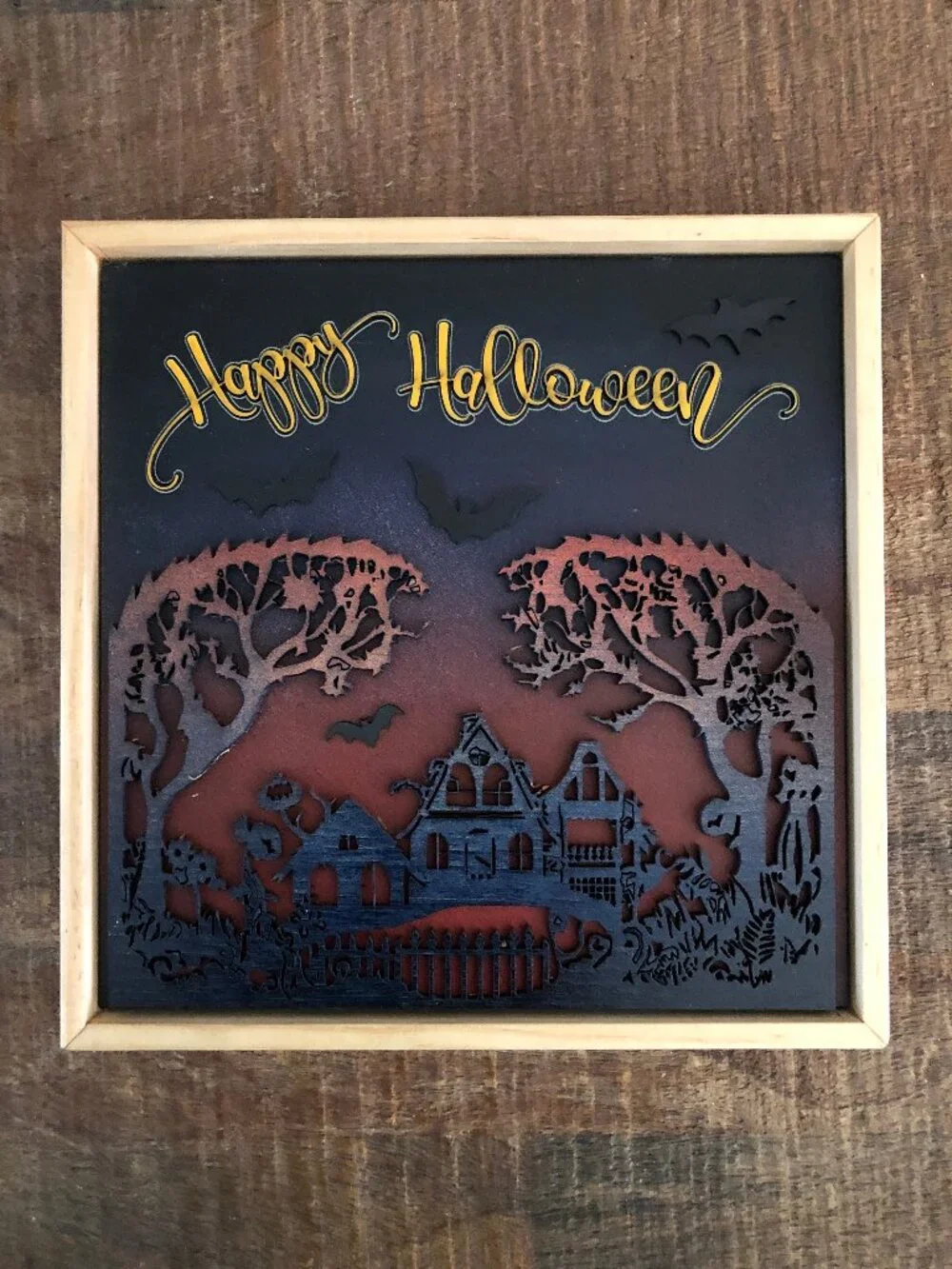 Happy Halloween Hanging Wall Art: Spooky Haunted House, Flying Bats, Handmade